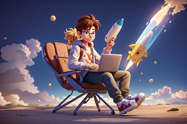 Un indépendant de personnage de dessin animé avec un ordinateur portable dans ses mains vole sur une chaise comme une illustration 3d du concept d'innovation et de démarrage de fusée