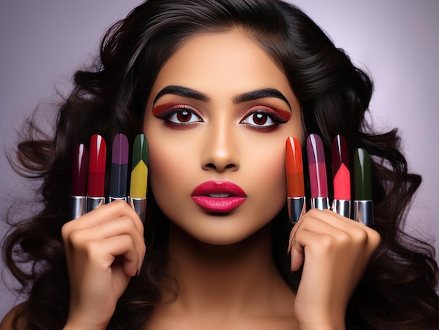 Photo indian girl présente des nuances de lèvres vibrantes dans une publicité de beauté