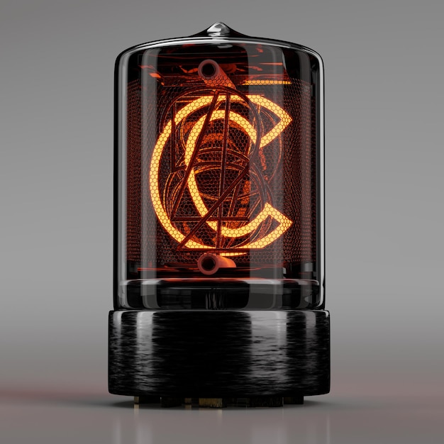 Indicateur de tube Nixie agrandi lettre C Alphabet de style rétro sur gris neutre. rendu 3D