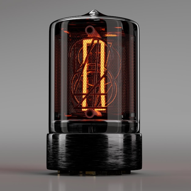 Photo indicateur de tube nixie agrandi lettre i style rétro alphabet sur gris neutre. rendu 3d