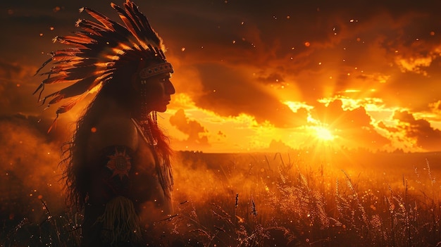 L'Indien américain au coucher du soleil
