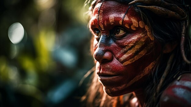 Indien de la tribu avec une coiffe de plumes Indien à la recherche d'une caméra générative ai