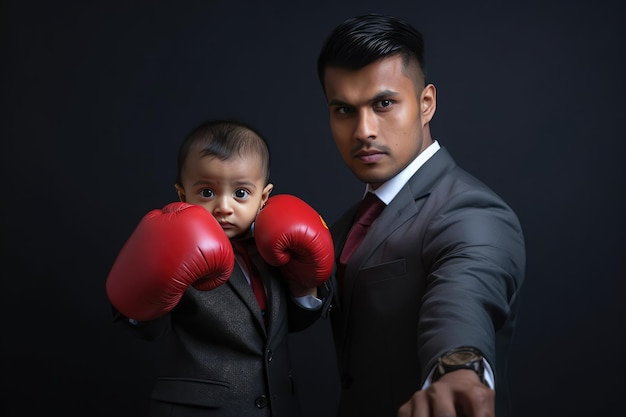 Un Indien vêtu d'un costume et un petit garçon portant tous deux des gants de boxe rouges