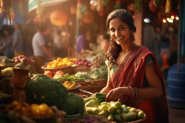 Une Indienne achète des légumes au marché local.