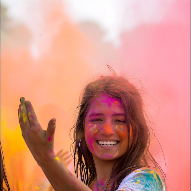 Photo une indienne célèbre le festival de holi avec de la poudre colorée holi