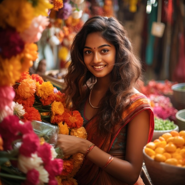 Une Indienne debout dans un magasin de fleurs.