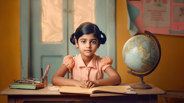 Une Indienne est assise à un bureau devant un globe