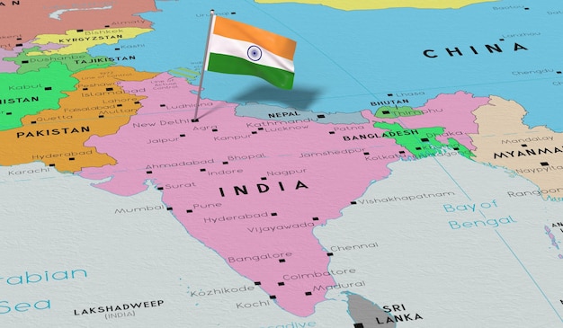 Indienne New Delhi drapeau national épinglé sur la carte politique illustration 3D