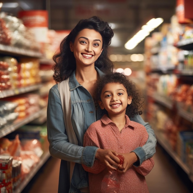 Une Indienne avec une petite fille au centre commercial.