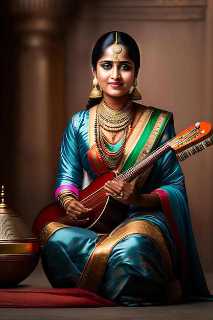 Une Indienne en sari bleu joue de la guitare