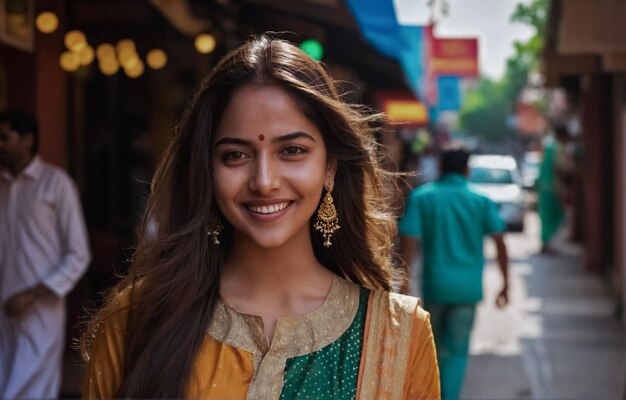 Une Indienne souriante en mode ethnique jaune et vert au marché de rue