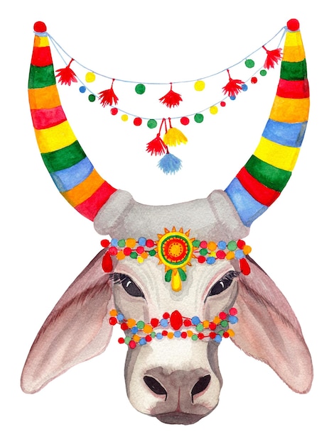 Indienne traditionnelle sainte vache Pongal Aquarelle illustration d'art dessinée à la main sur fond blanc Pour les cartes textiles faits à la main impressions menus affiche