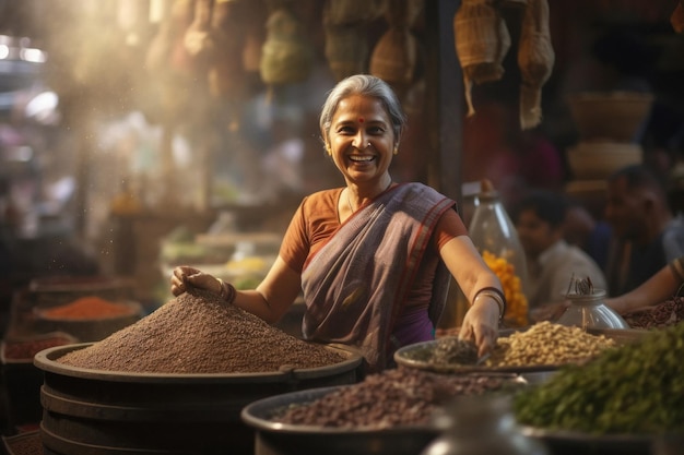 Une Indienne vendant des épices au marché local