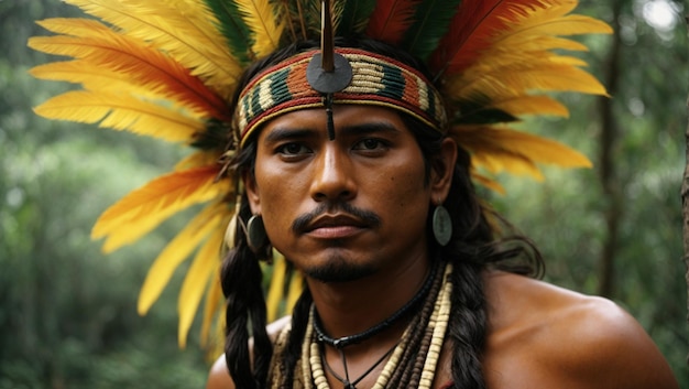 Un indigène avec une coiffure de plumes colorées devant une forêt