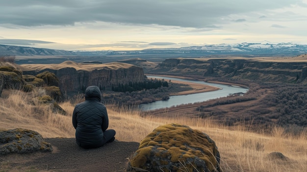 Photo un individu assis seul sur une colline surplombant une vallée tranquille avec une rivière qui serpente à travers elle au crépuscule