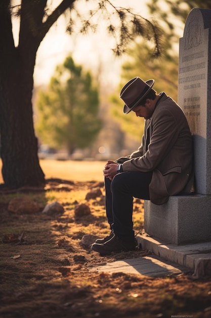 un individu assis seul à côté d'une pierre tombale
