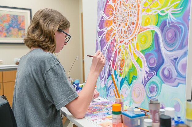 Un individu concentré avec des lunettes peint une grande toile neurographique vibrante dans un studio d'art