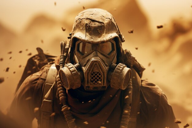 un individu dans la poussière portant un masque à gaz génératif ai