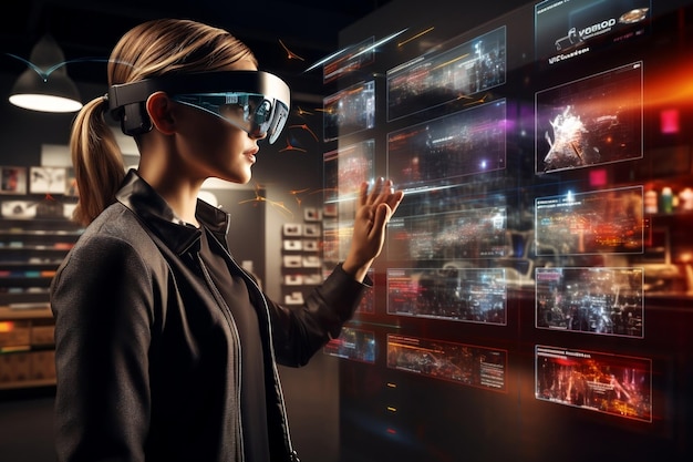 Un individu engagé dans la réalité virtuelle avec un casque d'intelligence artificielle générative