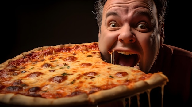 Un individu joyeux savourant une tranche de pizza