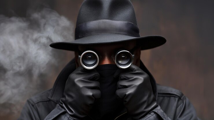Photo un individu en manteau avec un fedora couvre son visage tout en utilisant des jumelles entouré d'une brume suggérant le secret et l'espionnage