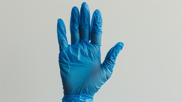 Un individu portant des gants en caoutchouc bleu saisit un objet sur un fond blanc en gros plan