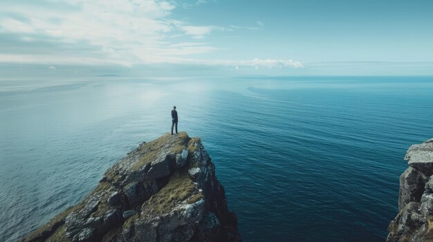 Un individu sur un promontoire rocheux regarde l'océan serein promouvant la sensibilisation à la Journée mondiale des océans. L'horizon s'étend loin et large dans la vue.