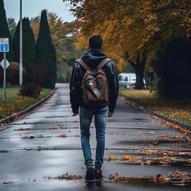 Individu qui marche au milieu du feuillage d'automne coloré dans la rue urbaine