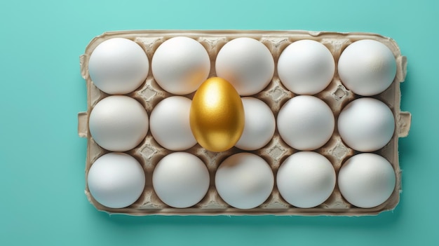 Individualité exclusivité meilleur choix Un œuf d'or est placé parmi des œufs blancs dans un plateau de carton sur un fond bleu