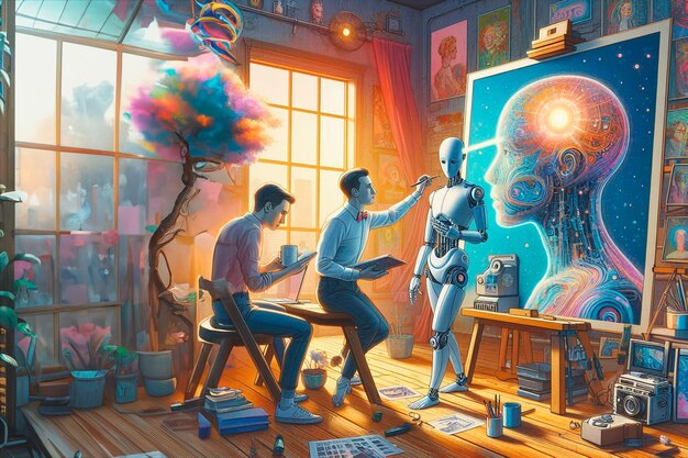 Des individus et un robot examinent une peinture inspirée de l'intelligence artificielle dans un studio éclairé par le soleil