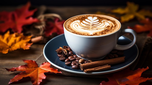 Indulgence d'automne gros plan de latte aux épices de citrouille avec chute des feuilles d'automne