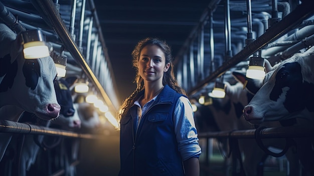 Industrie agricole élevage laitier éleveur laitier femme travaillant et tenant le réservoir de lait dans l'écurie de la ferme laitière