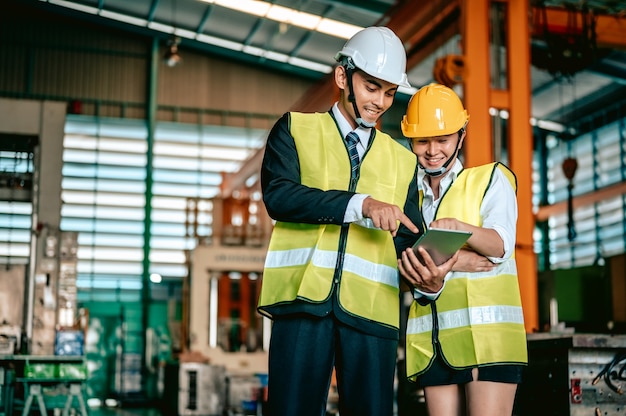 Industrie de l'ingénieur femme asiatique portant un casque et tenant une liste de contrôle debout dans la zone de la machine