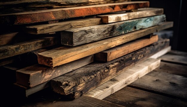 Industrie de la nature Gros plan sur une pile de bois dans un entrepôt forestier généré par l'IA