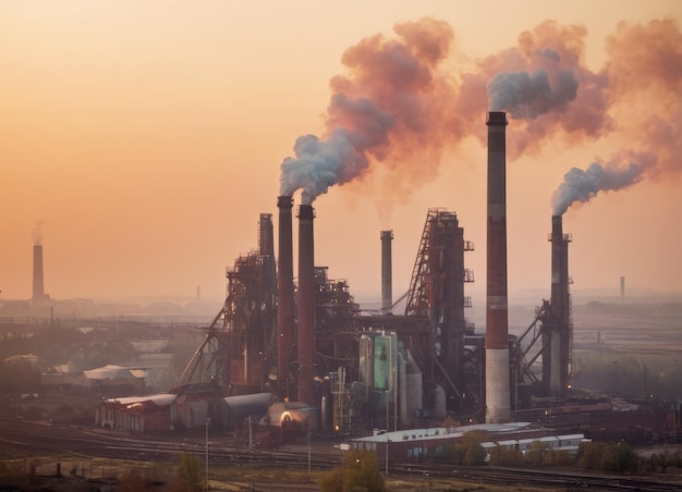 Photo industrie usine métallurgique fumée d'aube émissions de smog mauvaise écologie aérienne