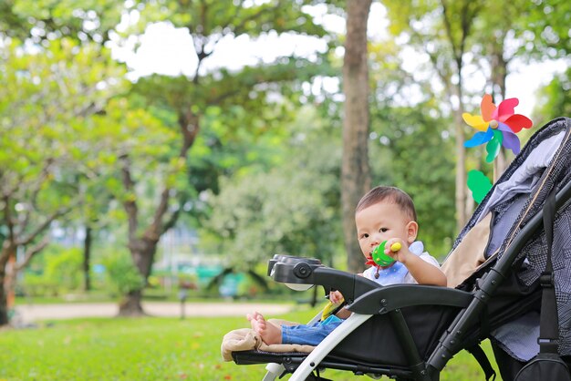 Infant bébé garçon jouant jouet dans la main, assis sur une poussette dans le parc naturel.