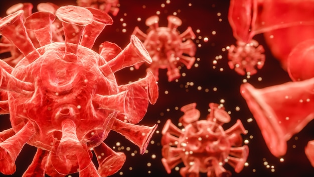 Infection à coronavirus avec espace copie, vue au microscope. Rendu 3D