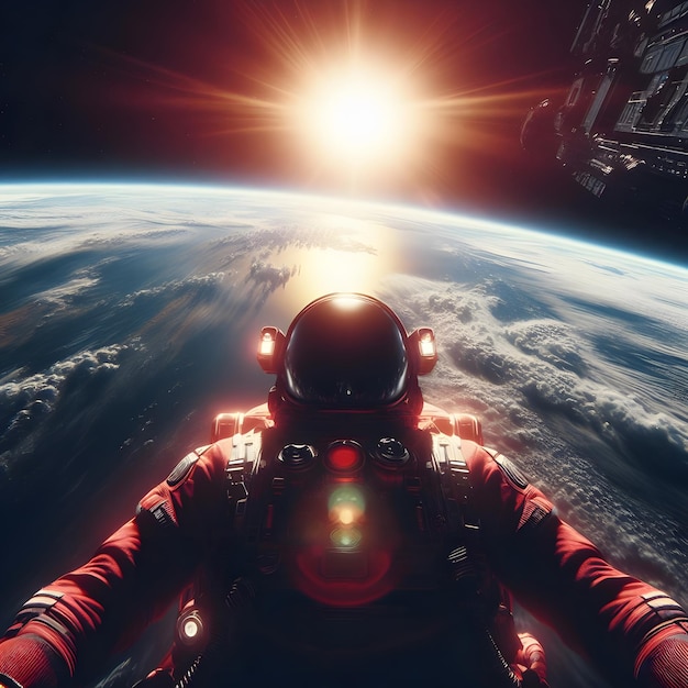 Photo infinite black outer space epic extreme long shot d'un astronaute dans une combinaison spatiale futuriste