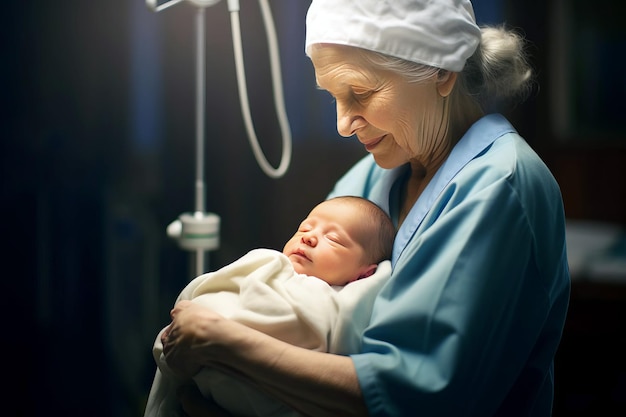 Une infirmière âgée tient un bébé d'un jour dans ses bras un nouveau-né fournissant des soins médicaux filmé