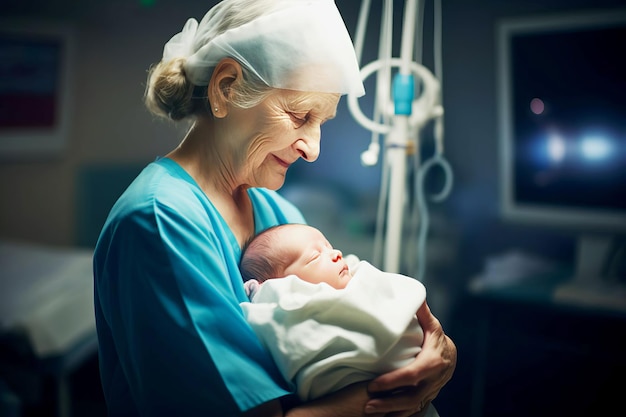 Une infirmière âgée tient un bébé d'un jour dans ses bras un nouveau-né fournissant des soins médicaux filmé