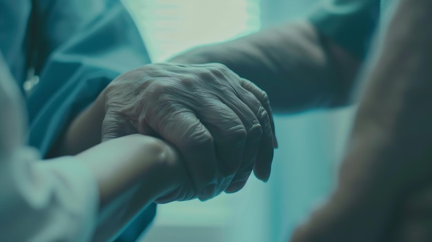 Infirmière bienveillante tenant la main d'un patient mûr souriant lors d'une réunion dans un hôpital docteur IA générative