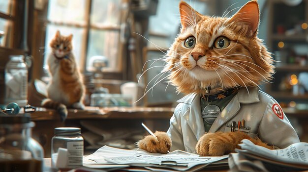 Une infirmière de chat de style dessin animé examinant un tableau médical avec une trousse de premiers soins ouverte et un badge d'infirmière