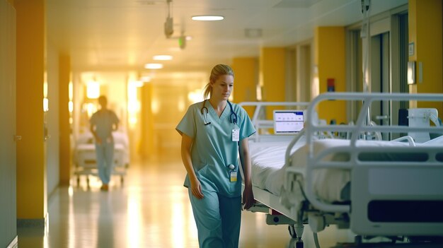 Infirmière de couloir d'hôpital de médecins poussant le lit de civière de Gurney