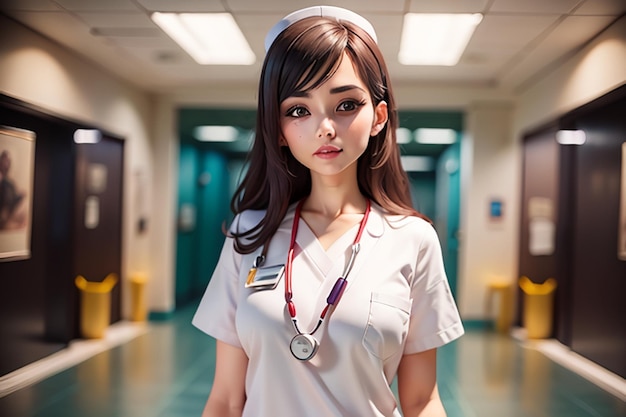 Une infirmière dans un couloir d'hôpital avec un stéthoscope autour du cou.