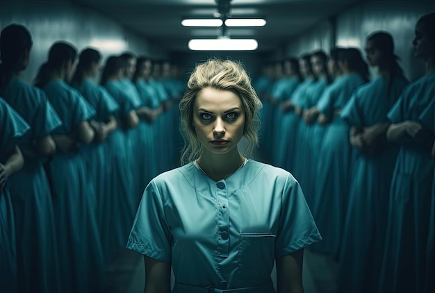 infirmière dans le groupe dans le style du réalisme dystopique