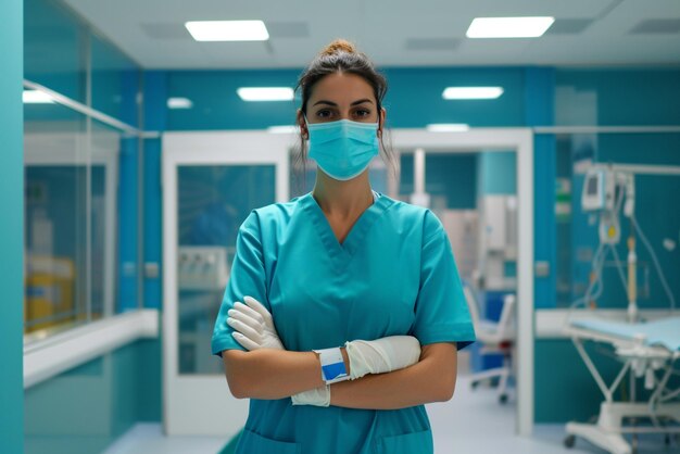 une infirmière debout dans sa chambre d'hôpital avec des gants chirurgicaux et un masque