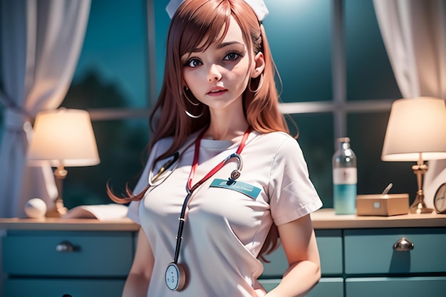 Une infirmière debout devant un bureau avec une bouteille d'eau dessus.
