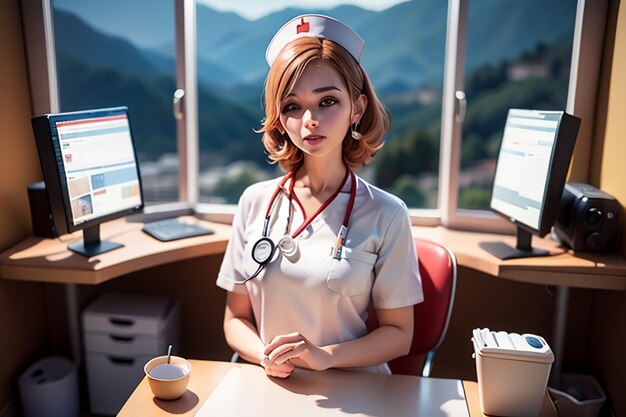 Une infirmière est assise à un bureau devant une montagne.