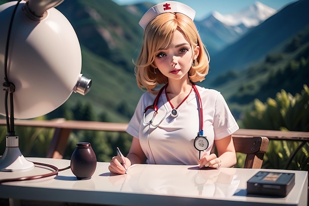 Une infirmière est assise à un bureau devant une montagne