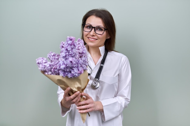 Infirmière médecin femme mûre souriante avec bouquet de fleurs, cadeau, célébration, journée du travailleur médical. Fond vert clair